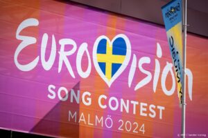 MALMO - Logo van het Eurovisie Songfestival bij de Malmo Arena in de Zweedse stad Malmo. Zweden is het gastland voor het songfestival van 2024. ANP SANDER KONING