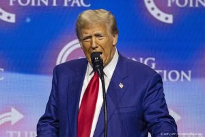 Former US President and Republican presidential candidate Donald Trump speaks during a campaign rally at the Gas South Arena in Duluth, Georgia, on October 23, 2024. 
CHRISTIAN MONTERROSA / AFP