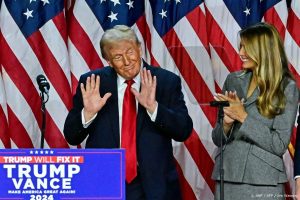 Former US President and Republican presidential candidate Donald Trump gestures after speaking during an election night event at the West Palm Beach Convention Center in West Palm Beach, Florida, on November 6, 2024. Republican former president Donald Trump closed in on a new term in the White House early November 6, 2024, just needing a handful of electoral votes to defeat Democratic Vice President Kamala Harris.
Jim WATSON / AFP