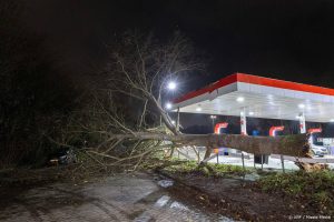 VIJFHUIZEN - Een boom bij een tankstation langs de N205 aan de Schipholweg is omgewaaid en heeft het dak van het tankstation beschadigd. Het KNMI heeft code oranje afgegeven voor het noorden van Nederland door storm Conall. ANP MIZZLE MEDIA